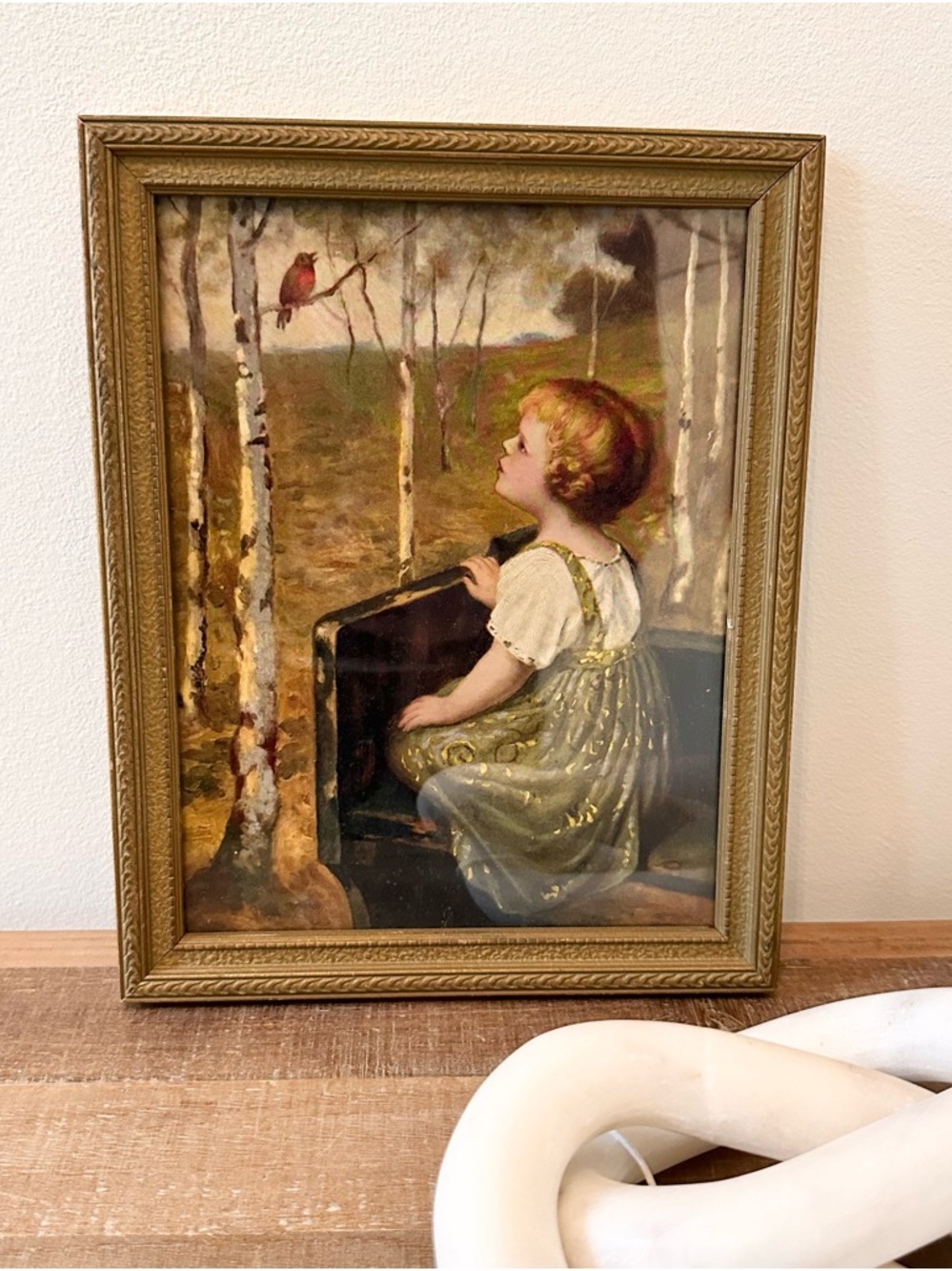 Vintage Lithograph Framed Girl Wagon W/ Bird Print in Gold Frame 8 X 10 w/ Frame